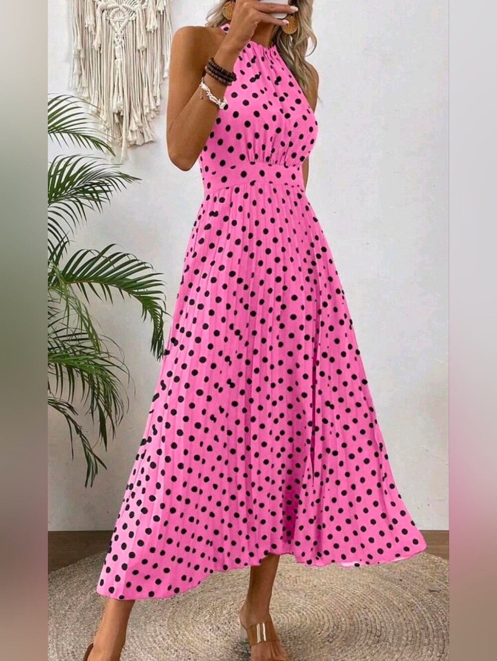 New Chic Strappy Halter Polka Dot Print Dress Pleated Sleeveless Pink Black